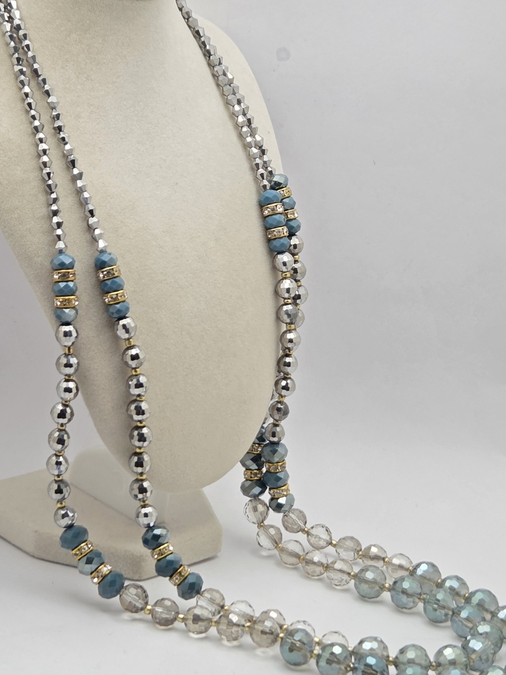 Stunning Multi-Way Beaded Layering Necklace – Blue, Silver & Crystal 30"- 60"